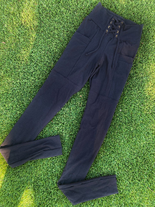 Large Lace Up Pocket Leggings in Black